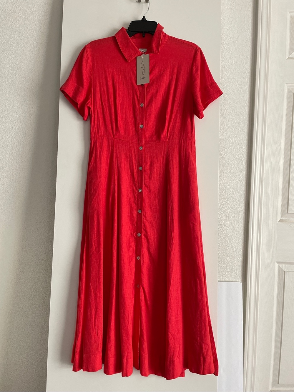 JOIE Linen Red Midi Button Down Shirt Dress  A Line Flowy NWT